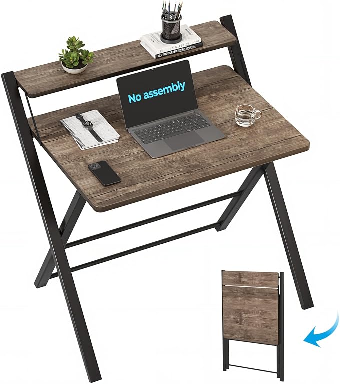 GreenForest No Assembly Folding Desk, 2-Tier Compact Computer Desk with Shelf, 30 inch Space Saving Foldable Table for Home Office, Dorm or Apartment, Portable Collapsible Sturdy Laptop Desk, Brown | Portable Foldable Table for Laptop, 2-Tier Compact w... by GreenForest