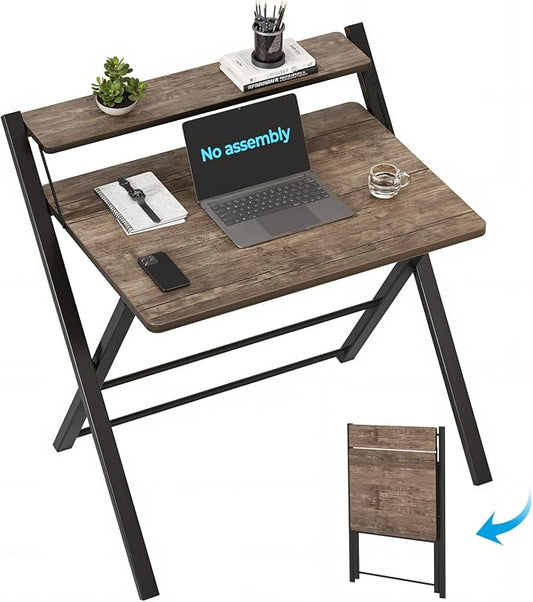 GreenForest Folding Desk No Assembly, Sturdy Computer Desk for Small Spaces | Portable Foldable Table for Laptop, 2-Tier Compact with Shelf, Space Saving for Home Office, Dorm, Apartment, 27"x 22" Brown by GreenForest