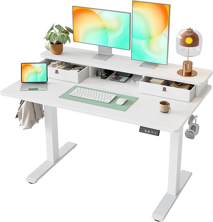TIQLAB Standing Desk with Two Drawers, Stand Up Standing Desk Adjustable Height, Electric Sit Stand Table with Storage Shelf and Splice Board, 48 * 24 inch, White by TIQLAB