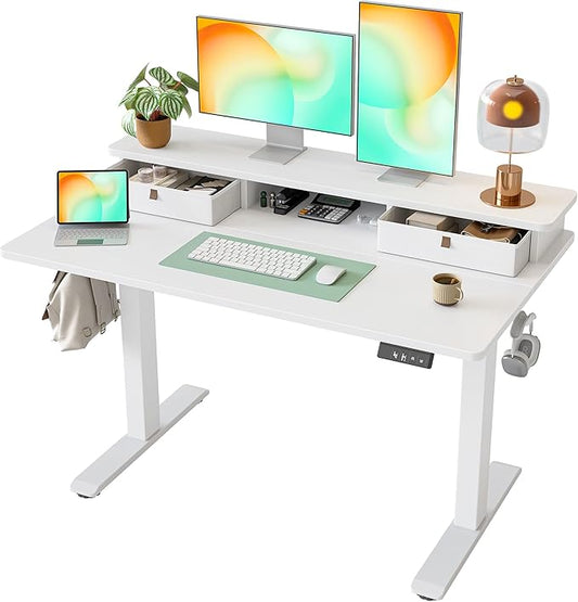 TIQLAB Standing Desk with Two Drawers, Stand Up Standing Desk Adjustable Height, Electric Sit Stand Table with Storage Shelf and Splice Board, 48 * 24 inch, White by TIQLAB