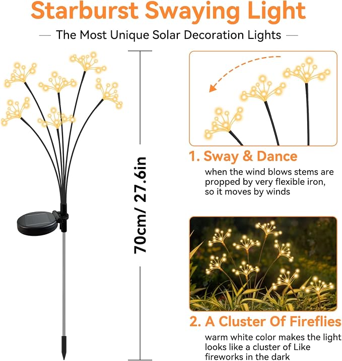 JJGoo Solar Garden Lights, New Upgraded 2 Pack Solar Swaying Starburst Light, Waterproof Fireworks Outdoor Lights, Yard Patio Pathway Decoration, Warm White - Image 2
