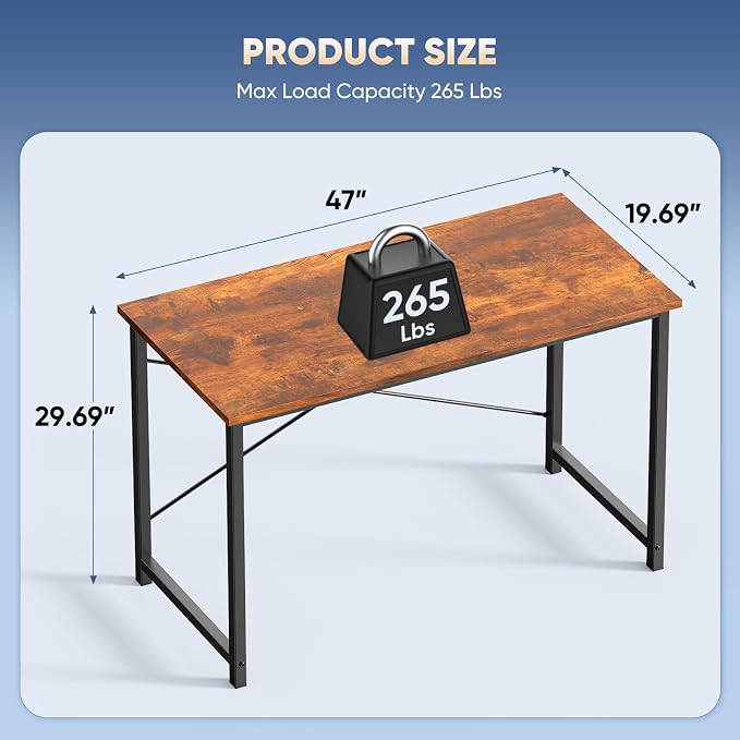 DUMOS 47 Inch Small Computer Desk, Gaming Desks for Home Office Bedroom | Modern Study Writing Work Table, Craft PC Desk Simple Workstation with Reinforcement Structure, Rustic Brown - Image 3