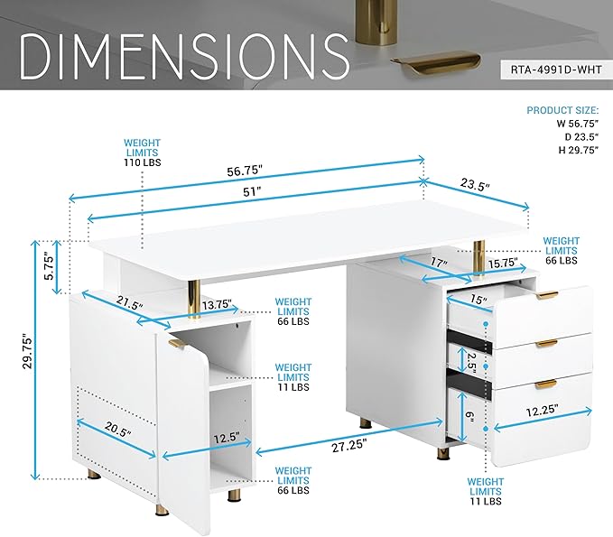 Techni Mobili 57"W Computer Desk w/ 3 Drawers & Storage Cabinet, White/Gold | Home office workstation, durable construction, everyday productivity, Ideal for home office, Workspace organization - Image 3