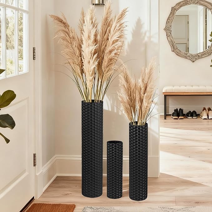 Black Tall Floor Vase - Set of 3 Extra Large Metal Decorative Vases for Living Room, 27.6" Long Modern Honeycomb Texture Big Cylinder Standing Corner Decor for Home Dining Bedroom Pampas Grass by Unknown