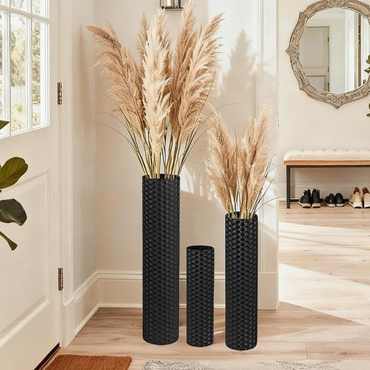 Black Tall Floor Vase - Set of 3 Extra Large Metal Decorative Vases for Living Room, 27.6" Long Modern Honeycomb Texture Big Cylinder Standing Corner Decor for Home Dining Bedroom Pampas Grass by Unknown