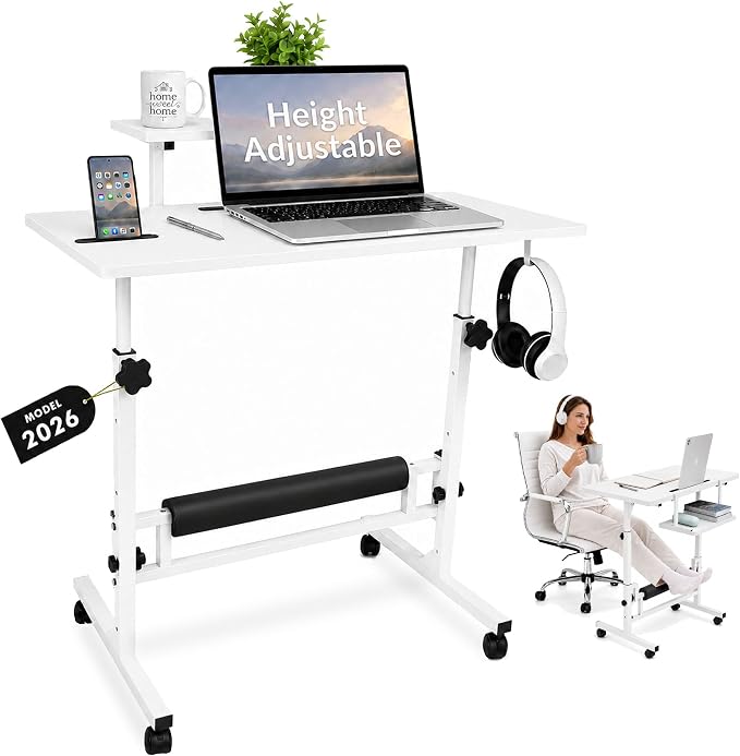 Small Rolling Desk with Wheels, Adjustable Height 27"-43.3" Portable Standing Desk, 31.5"x15.7" Tabletop, Mobile Laptop Computer Table for Home Office Workstation, White by Unknown