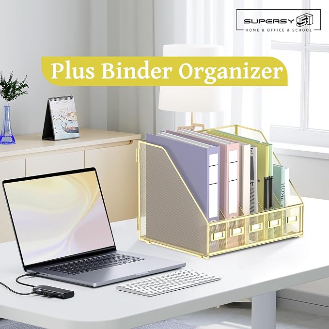 SUPEASY Desk Organizers Metal Desk Magazine File Holder with 5 Vertical Compartments Rack File Organizer for Office Desktop, Home Workspace, Gold Plus - Image 2