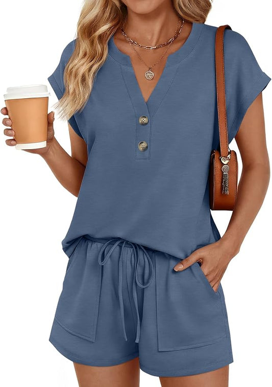 LILLUSORY 2 Piece Summer Set 2026 Henley Top & Drawstring Shorts with Pockets by Lillusory