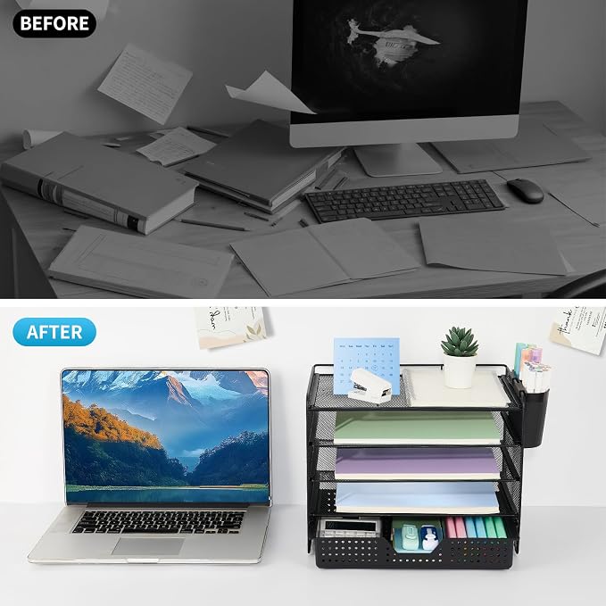 LEKETREE Desk Organizer and Accessories, 5-Tier Paper Letter Tray Organizer with Drawer & 2 Pen Holders for Desktop File Organization, Office Desk Accessories for Supplies Storage (Black) - Image 6