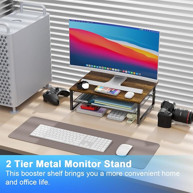 gianotter 2-Tier Metal Monitor Stand Riser, Desk Organizer for Monitor, Office Desk Storage Organizer for Office Supplies (Wood) - Image 2