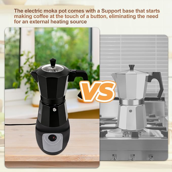 Electric Aluminum Moka Pot 3-6 Cup 150-270ml Espresso Maker | with Detachable Base Ideal Coffee Makers for Home MochaPot Italian and Cuban Café Coffeemaker Espressomaker CoffeePot Black - Image 4