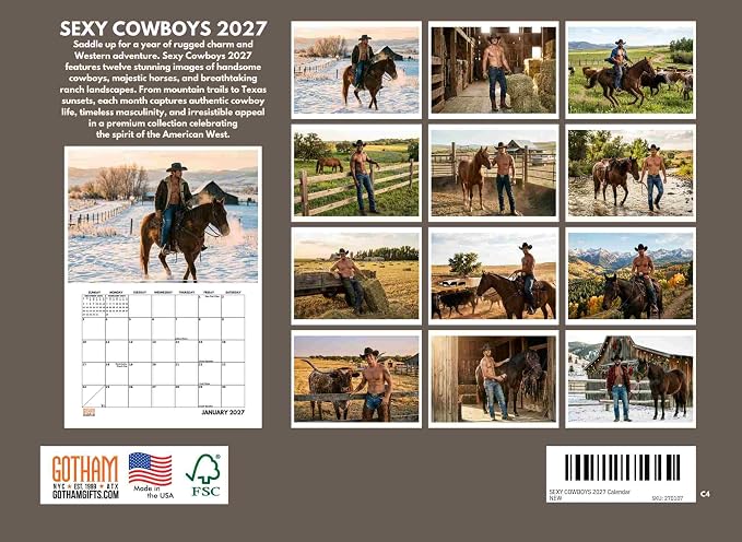 Sexy Cowboy Calendar 2027 Shirtless Men Monthly Wall Calender 12 Month - Image 2