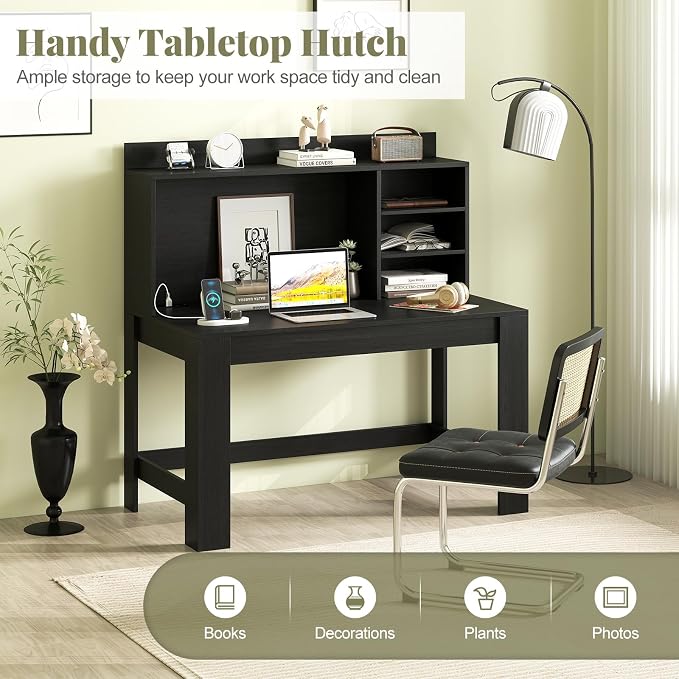 Giantex Computer Desk with Hutch, Modern Home Office Desk with Power Outlets, Storage Shelves & Cable Hole, Makeup Vanity Table, Study Writing Desk for Bedroom Office Small Space (Black) - Image 4