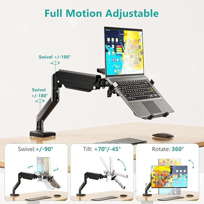 WALI Single Arm Laptop and Monitor Desk Mount for 17" Notebook and Up to 32" Screen, 2-in-1 Adjustable Gas Spring Monitor Arm with Laptop Tray, VESA 75x75 100x100,Holds 22-26.4 lbs, Black (GSMP001NLP) - Image 5