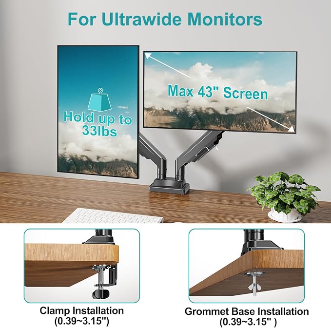 MOUNT PRO Dual Monitor Stand for Two Screens up to 43 Inch, Heavy Duty Ultrawide Double Monitor Arm Holds up to 33lbs Each, Premium Adjustable Computer Monitor Mount for 2 Monitors, VESA Desk Mount - Image 6