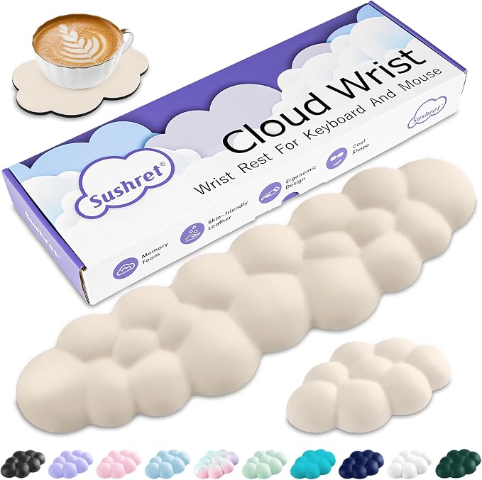 Sushret Cloud Wrist Rest Keyboard, Cloud Keyboard Wrist Pad Set with PU Leather Memory Foam, Cute Arm Rest for Palm Support, PC/Gaming Desk Accessories/Office Setup/Computer Hand Cushion - Beige by Sushret