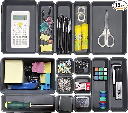 Kutesna 15PCS Interlocking Drawer Organizer, Plastic Desk Organizers Set | 3-Size Versatile Storage Bins,BPA-free, Non-slip, Fits Any Drawer for Cosmetics, Bathroom, Tools, Kitchen and Office by Kutesna