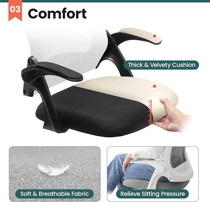 NEO CHAIR Office Desk Chair, Ergonomic Mesh with Flip-Up Armrests, Black | Lumbar Support, Height Adjustment, 360° Swivel and Rolling Base, Space-Saving Design for Home Office, Vanity or Study - Image 5