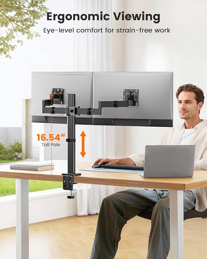 ErGear Dual Monitor Stand for 17-32 inch, Dual Monitor Mount with Adjustable Tilt, Swivel, Rotation, Tiered Arms for Extra Height, Supports 22 lbs per Arm - Image 4