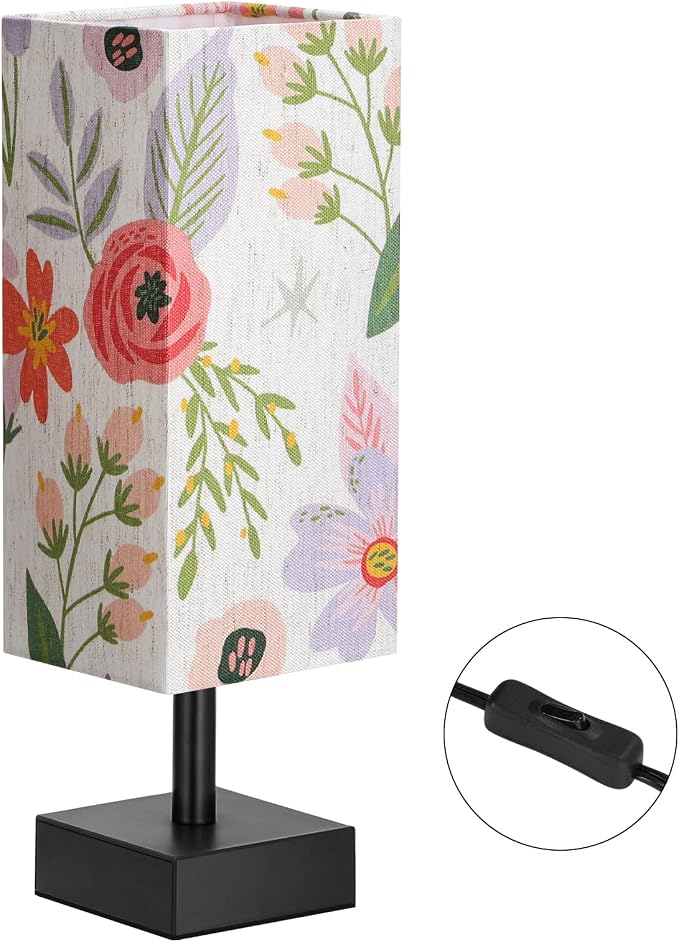 aooshine Small Bedside Table Lamp for Bedroom - Square Floral Fabric Shade | Inline Rocker Switch, Corded Electric, Bulb Not Included, 12.8" Mini Table Lamp for Nightstand, Desk, Dorm, Office - Image 2