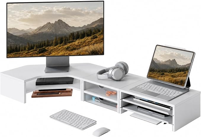 Fenge Dual Monitor Stand, Corner Monitor shelf with Drawer and Slide-Out Tray, 2 Tier Triangle Monitor Riser with Storage, Desk Shelf Organizer for Desk, Home Office, Computer, Laptop, Printer by Fenge