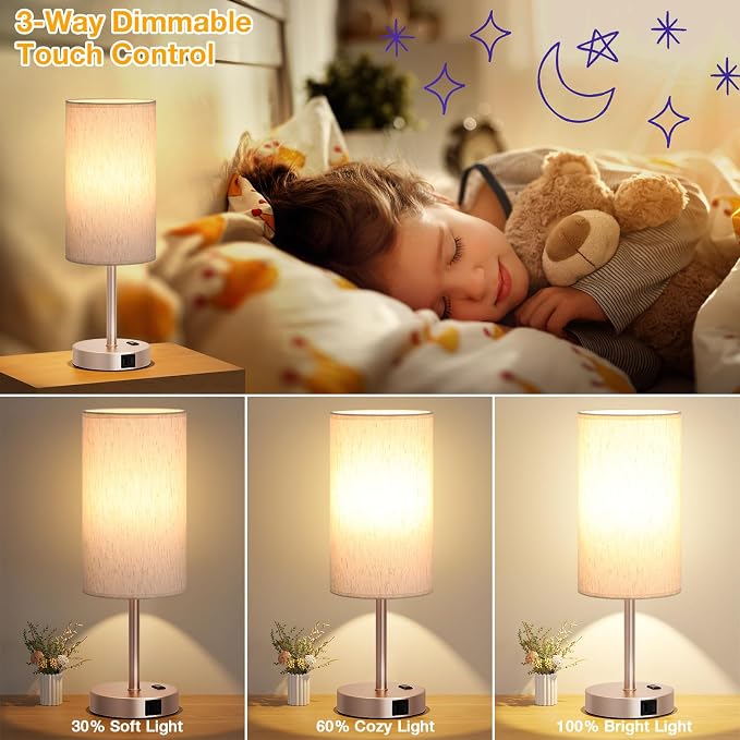 Dicoool 17.4" Bedside Lamp for Bedroom - Dimmable Touch, USB A+C, AC Outlet | LED Bulb Included, 3-Way Dimmable, 17.4" Table Lamp for Living Room, Dorm, Cream Fabric Lampshade, Antique White Metal Base - Image 3
