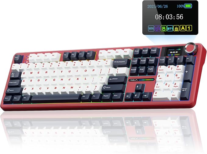 AULA F108 PRO - Wireless Mechanical Keyboard with Screen&Knob,Hot Swappable Gaming Keyboard with 8000mAh Battery,Pre-lubed Switches,RGB Backlit,PBT Keycaps Creamy Sounding Computer Keyboards,104 Keys by AULA