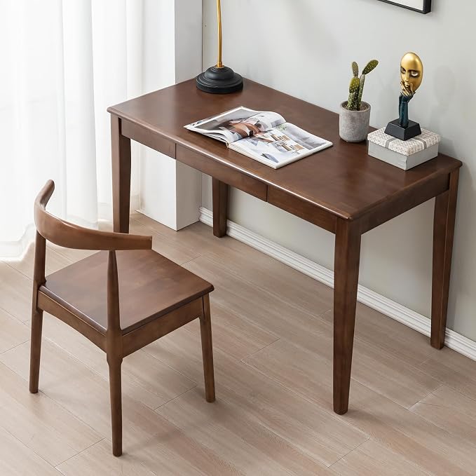 Solid Wood Desk with Drawer, Wooden Home Office Desk for Work, Student Computer Desk for Small Spaces, Gaming Study PC Desk for Bedroom, Easy to Assemble (Walnut Color 39 inch) - Image 2