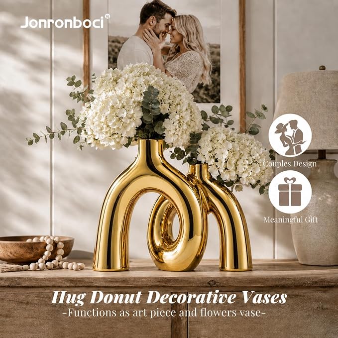 Hug Donut Decorative Vase Set - Golden Modern Classic Transitional Style Vases Home Decor, Matte Ceramic Decorations for Living Room Shelf, Bookshelf Mantle Entryway Table or Console Décor (Gold) - Image 2