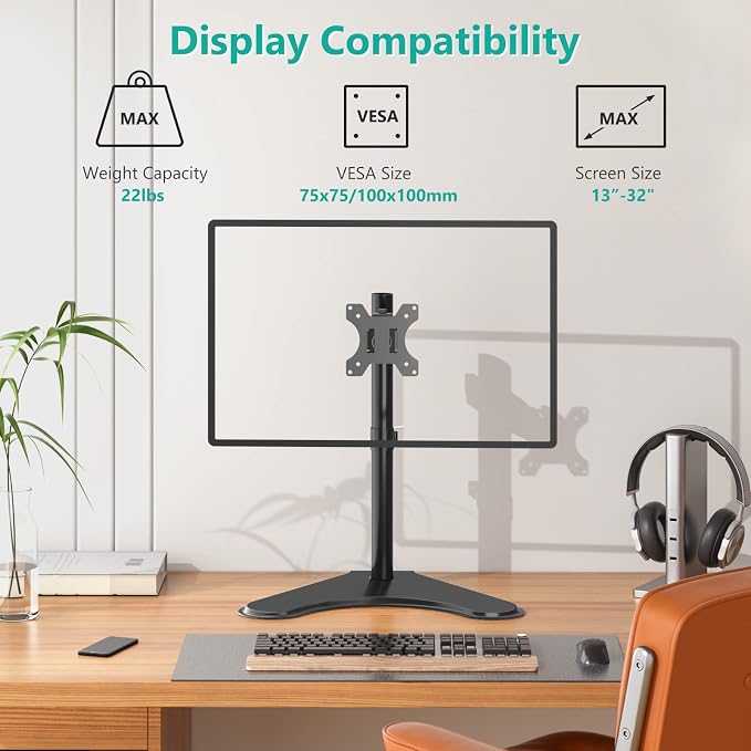 WALI Single Monitor Stand up to 32 Inch Screens, Freestanding Single Monitors Arm Desk Mount, Universal VESA Monitor Mount 75x75/100x100mm, Adjustable Height and Angle (MF001), Black - Image 3