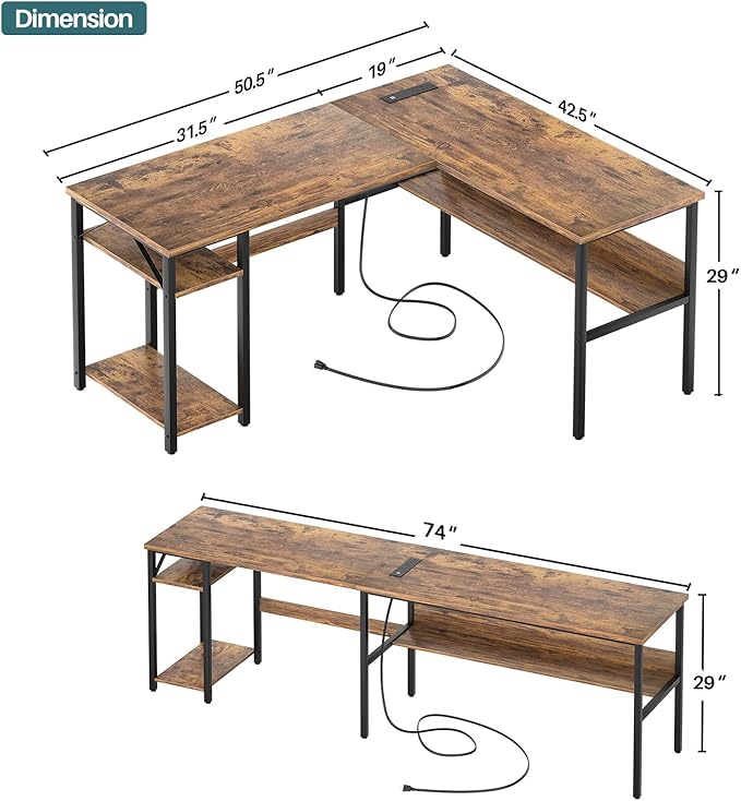 Unikito L Shaped Computer Desk with Magic Power Outlets and USB Charging Port, Sturdy Reversible Corner Desk with Storage Shelves, Modern Work Desk for Home Office, Easy to Assemble, Rustic Brown - Image 3