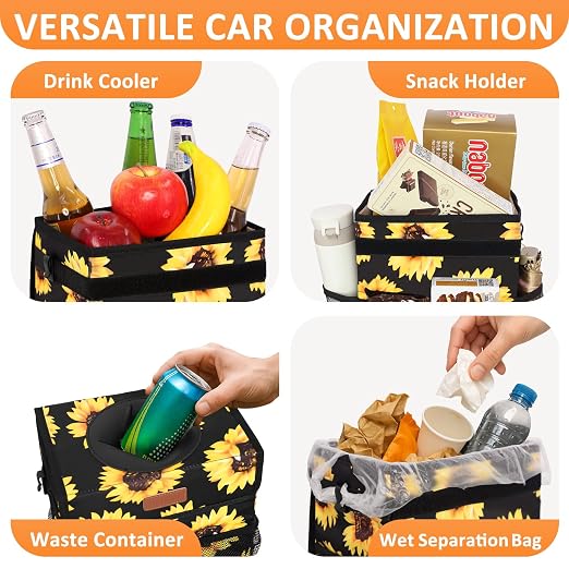 Vankor Car Trash Can for Car Cute,Bag Bin Hanging Waterproof Automotive Garbage Cans Leak Proof Vehicle Trash Can Sunflower - Image 6