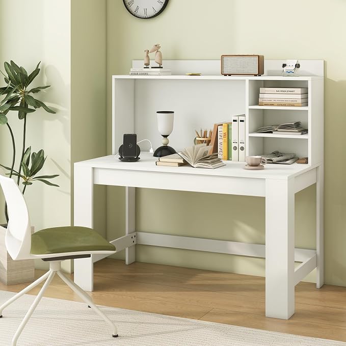 Giantex Computer Desk with Hutch, Modern Home Office Desk with Power Outlets, Storage Shelves & Cable Hole, Makeup Vanity Table, Study Writing Desk for Bedroom Office Small Space, White - Image 2