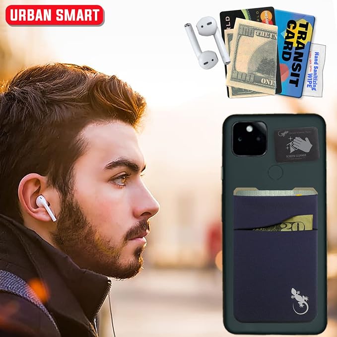 Gecko Travel Tech Double Pocket - Adhesive Card Holder - Cell Phone Pouch - Stick on Spandex Pocket - Carry Credit Cards and Cash (Navy) - Image 3