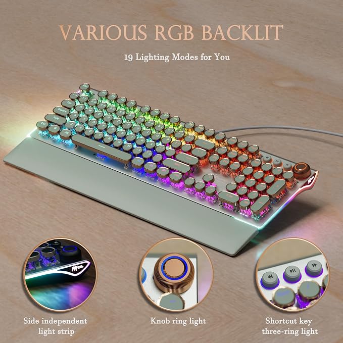 RK ROYAL KLUDGE X108 Typewriter Style Mechanical Keyboard, Wired Gaming Keyboard 108 Keys RGB Backlit Sidelight, Detachable Wrist Rest, Volume Knob, Retro Round Keycaps Blue Switches - Green - Image 5