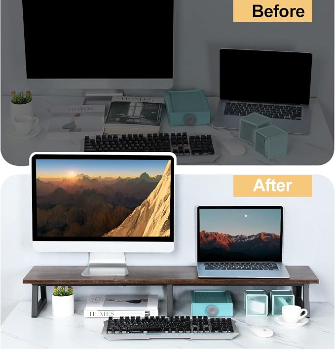 TEAMIX 42 inch Large [Dual] [Monitor] [Riser],Rustic Brown Extra Long TV [Stand Wood & Steel Desktop [Riser] with Storage for [Dual] Screen Office Desk Organization - Image 7