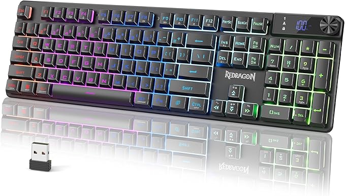 Redragon K521 Pro Wireless Gaming Keyboard with Screen, 4000mAh Battery | Mechanical Feeling, Tri-Mode BT/2.4G/USB-C, RGB Keyboard, 12 Multimedia Keys, Programmable Software, Full-size keyboard by REDRAGON