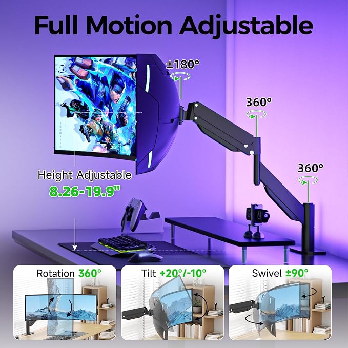 Suptek Single Monitor Arm for 27–49 Inch Ultrawide Large Screen Monitors, Gas Spring Desk Mount with Tilt Swivel, VESA 75/100, Supports 48.5 lbs, Clamp & Grommet, MD71PRO - Image 3