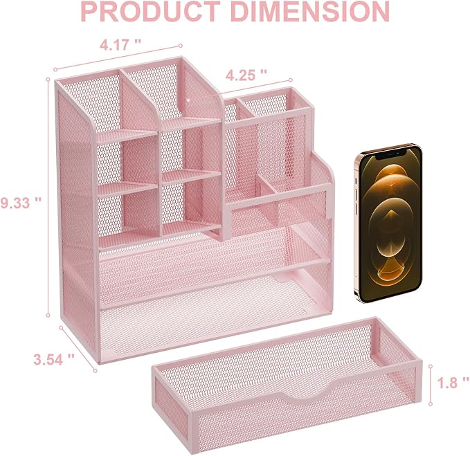 Marbrasse Mesh Desk Organizer with Drawer, Multi-Functional Pencil Organizer, 12 Compartments, Pink, Modern, Minimalist - Image 4