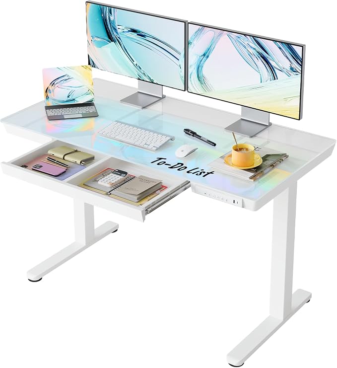HUANUO Glass Standing Desk with Drawers, 48 X 24 Inch Electric Adjustable Height Desk, Quick Install One-Piece Tabletop with USB Charging Ports, White by HUANUO