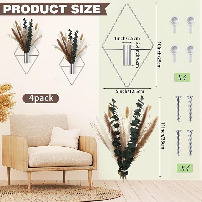 Jexine 4 Pcs Hanging Planters with Artificial Pampas Chrome Silver Metal Hanging Vase Indoor Plants Holder Modern Geometric Boho Bathroom Wall Decor for Living Room Home Office - Image 2