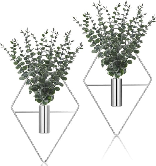 Jexine 4 Pcs Hanging Planters with Artificial Eucalyptus, Chrome Silver Wall Decor Metal Hanging Vase Indoor Plants Holder Modern Geometric Bathroom Decor for Living Room Home Office by Jexine