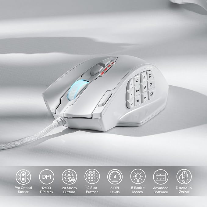 Redragon M908 Impact RGB LED MMO Gaming Mouse with 12 Side Buttons, Optical Wired Ergonomic Mouse with Max 12,400DPI, High Precision, 18 Programmable Macro Shortcuts, Comfort Grip, White | Stable Lag-Free Connection, Redefine Keybinding Macro, Vibing B... - Image 2