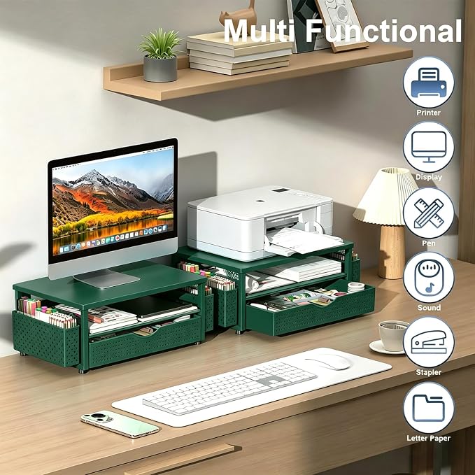 Spacrea Desk Organizer and Accessories, Computer Monitor Stand Riser with Drawer and 2 Pen Holders, Office Desk Accessories & Workspace Organizers for Office Supplies (Dark Green) - Image 6