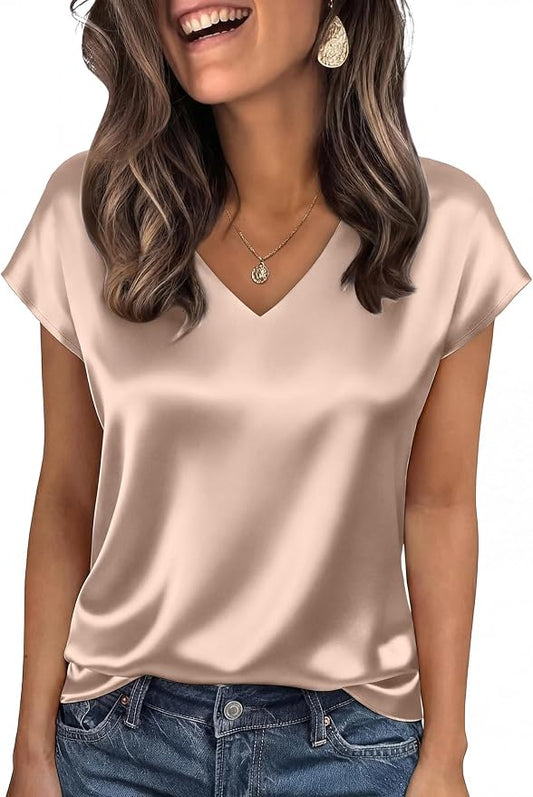 WIHOLL Womens Satin Summer Tops Cap Short Sleeve Blouses V Neck Shirts Business Casual Outfits Fashion Clothing 2026 by WIHOLL