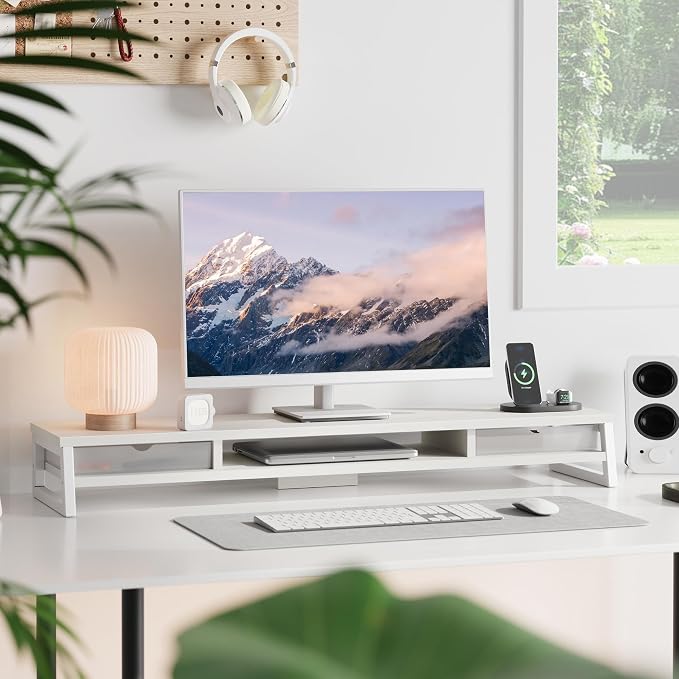 Fenge Dual Monitor Stand, Monitor Riser with Drawer, 42.5 Inch Large Computer Monitor Stand for 2 Monitors, 2 Tier Wooden Desk Shelf for Top of Desk - Image 2