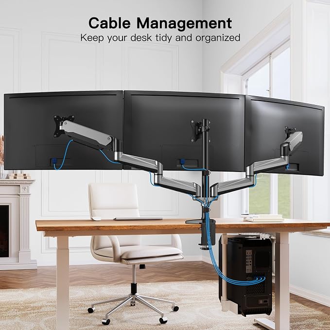 HUANUO Gaming Triple Monitor Stand, Full Motion Articulating Triple Monitor Mount Fit 17 to 32 inch Flat/Curved LCD Computer Screens with Clamp, Grommet Kit, Silver - Image 7