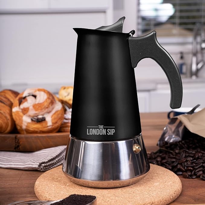 London Sip Stainless Steel Stovetop Espresso Maker Moka Pot Italian Coffee Percolator, Matte Black, 3 Cup - Image 4