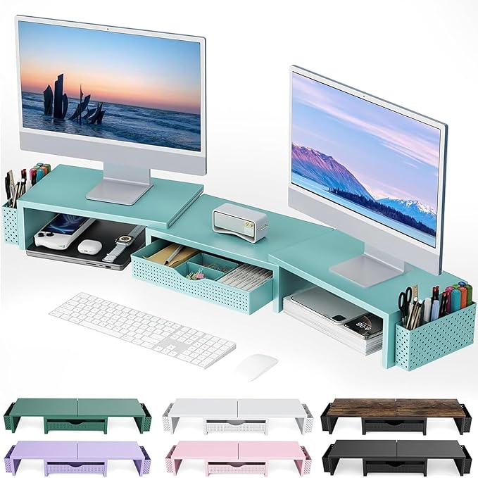 gianotter Dual Monitor Stand Riser, Desk Organizer With Drawer and 2 Pen Holders, Monitor Stand for Desk, Office Decor Essentials (Blue) by gianotter