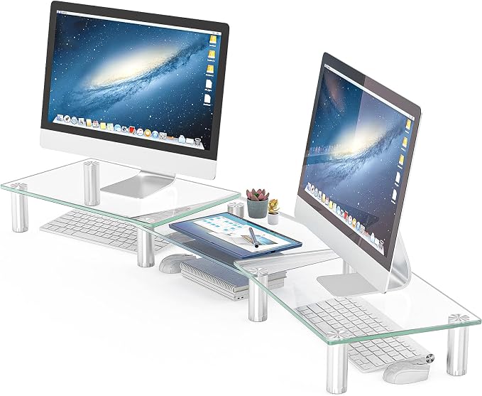 Hemudu Dual Monitor Stand -Adjustable Length and Angle Dual Monitor Riser, Desktop Organizer for PC, Computer, Laptop (Clear) by HEMUDU
